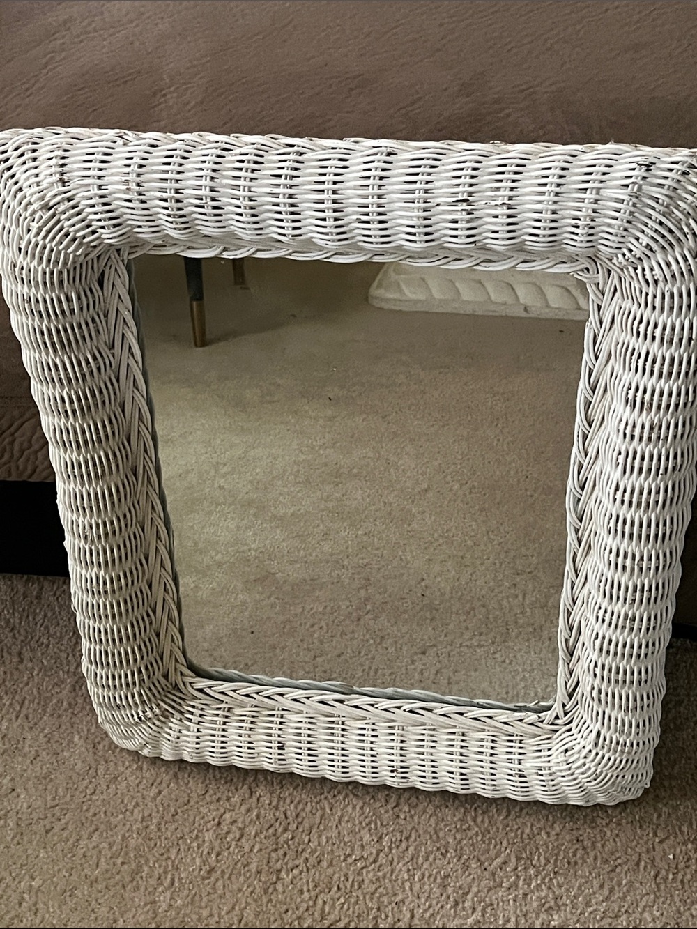 Boho white wicker wall mirror, coastal cottage decor